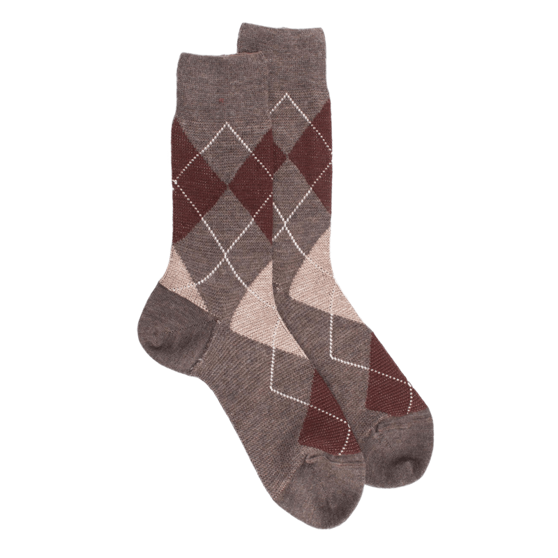 Chaussettes homme en laine merinos a motif a losanges Brun loutre Beige Sable Dore Dore